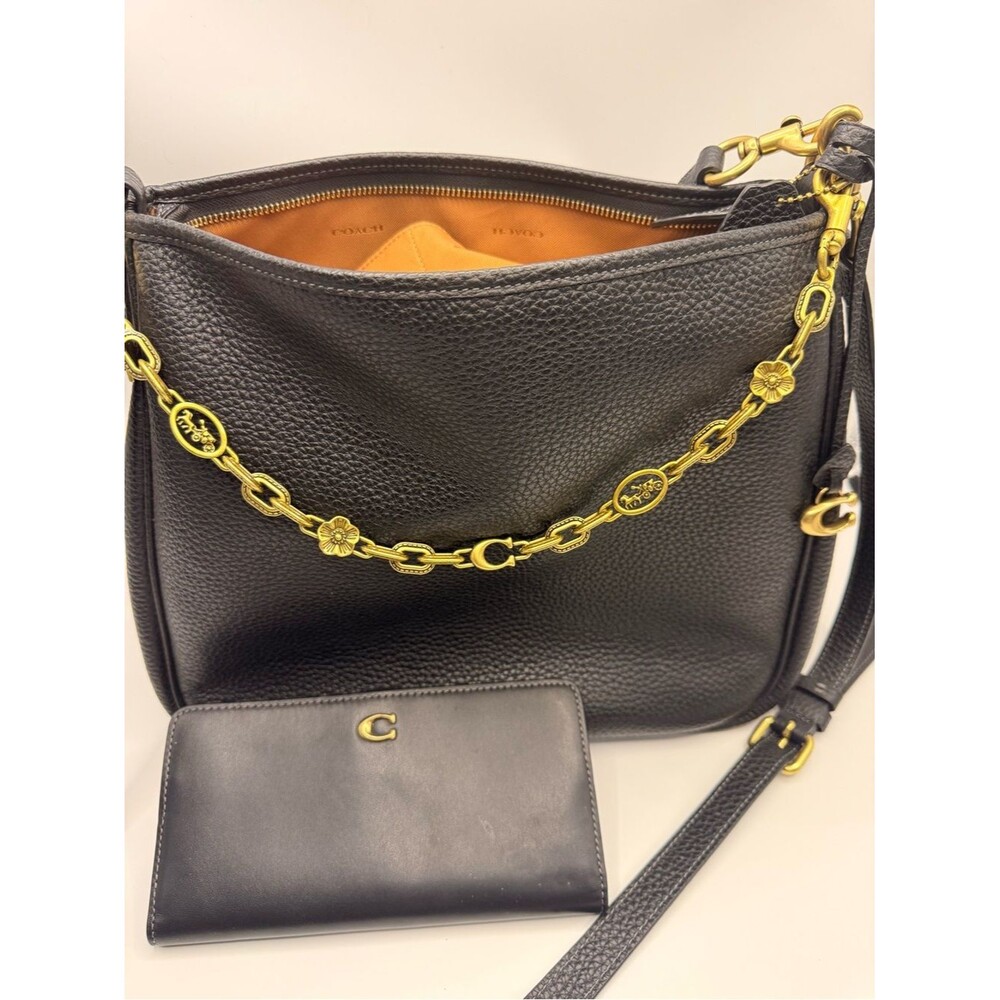 Coach Black Pebbled Leather Shoulder Bag with Gold Flower Chain and wallet combo